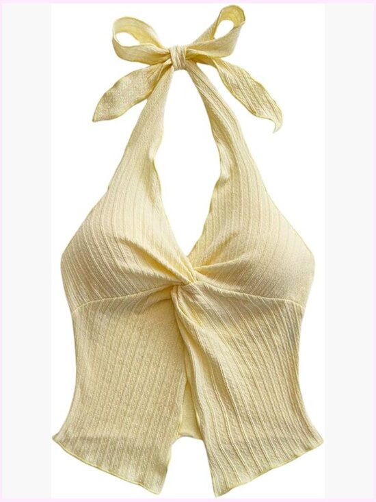 Tops - Twist Front Tie Halter Neck Crop Top Backless Summer Going Out Top